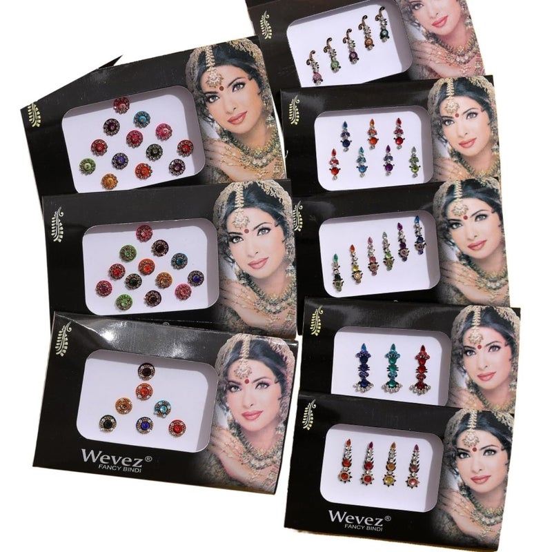 Wevez Pack of 6 Multi Color Long Rhinestone Body Glitters Reusable Bindi - Image 1